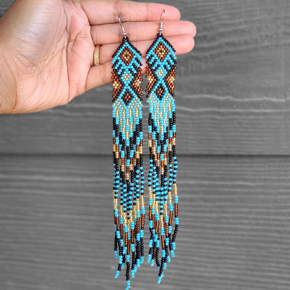 Southwestern Boho Beaded Fringe Earrings Handmade Long Jewelry Boheme XL Blue